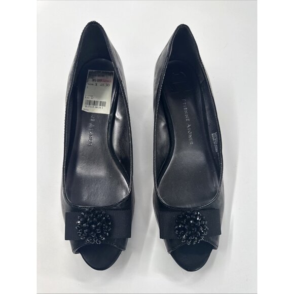 Wedge Peep Toe Shoes Womens 7.5 Black Bling Bow Wedge Heel Slip On Utah - Picture 1 of 11